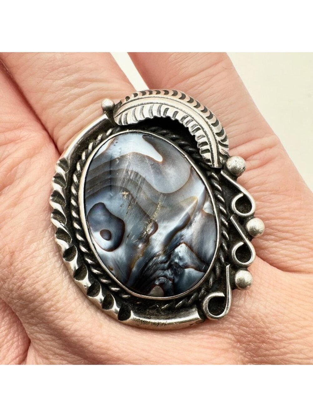 American Southwest Huge Ring Sterling Silver Abalone Size 9.5